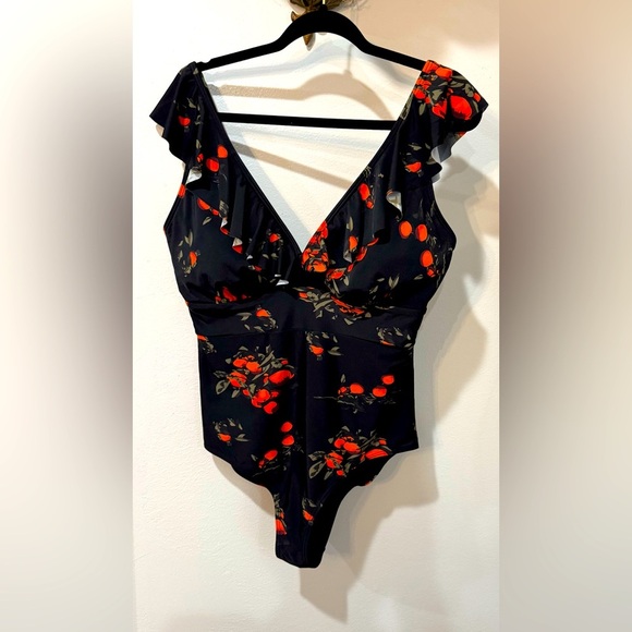 COCOSHIP Black and Red Floral One Piece Swimsuit - Picture 1 of 7